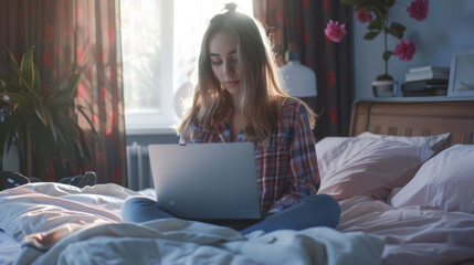 A younger woman is sitting in bed in the morning, wearing casual clothes and using a laptop