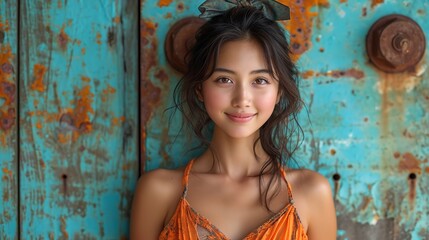 Lovely Chinese young fisher woman with a joyful expression and against a blurry elderly rough wall and space for text, Generative AI.