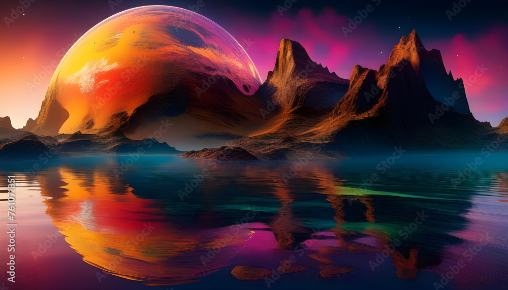Wall mural an alien planet with colorful designs and a reflection in water