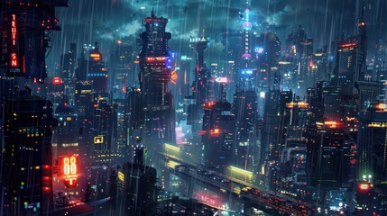 Naklejka premium A rain-soaked urban landscape offering a vivid melange of bright signs and futuristic buildings