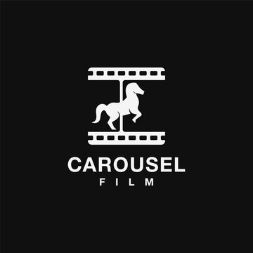 Horse carousel and film strip logo, multimedia vector template on black background