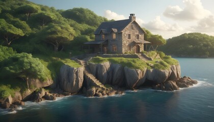 illustration Stone house on an island