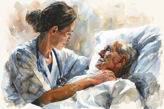 Brown watercolor painting of a nurse helping mature patient