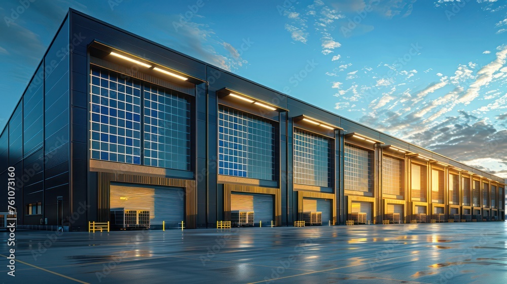 Wall mural modern industrial warehouse exterior with large solar panels and blue sky