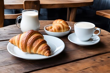 A plate of croissants and a cup of coffee sit on a wooden table