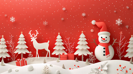 Paper Cut of winter landscape Merry Christmas theme celebration, with Santa Claus ,snowman fir trees snowflakes and reindeer, 3d origami , red background and copy pace for your text