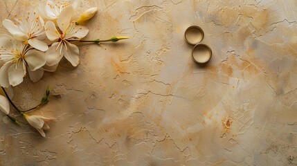 Wedding rings and flowers on a brown marble background. Top view for invitation design.