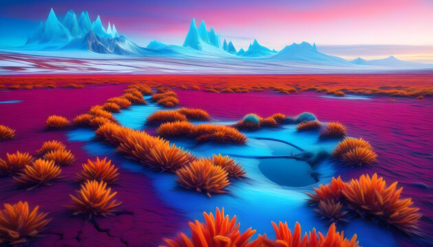A photo of a frozen landscape with pink and purple plants