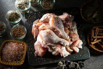 Raw chicken seasoned with various spices	