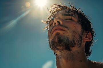 Over the sky backdrop, a man continues to choke from the heat of the sun depicting summer heat health issues and space, Generative AI.