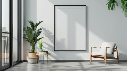 Frame mockup on a wall with chair and plants in a lounge  room.