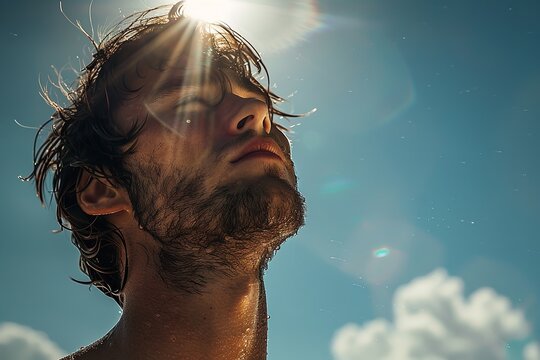 Over the sky backdrop, a man continues to choke from the heat of the sun depicting summer heat health issues and space, Generative AI.