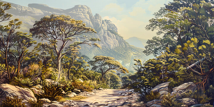 painting of the rocky trail leading through dense forest, generative AI