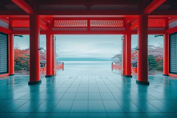 Fotobehang Red torii gates overlooking a serene sea and autumn tree. © Zz