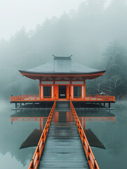 Japanese pavilion style with walkway by a misty lake