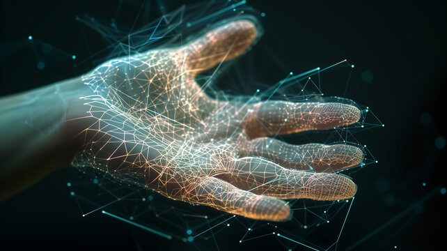 A conceptual image of a hand with a glowing biometric mesh, symbolizing advanced digital identity verification technology.
