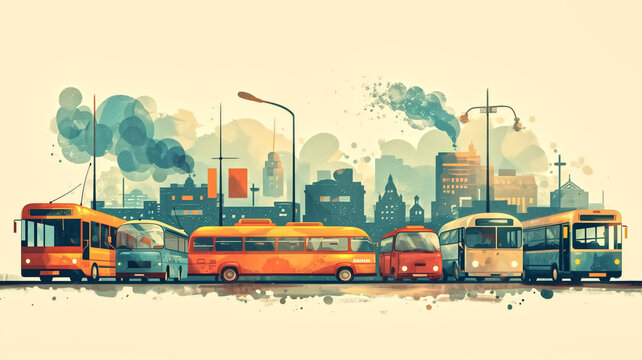An illustration featuring vintage buses and cars in a cityscape, with exaggerated smog clouds, highlighting urban pollution.
