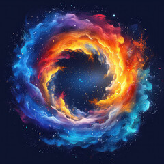A colorful swirl of space with a blue and orange center