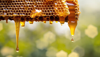 Honey dripping from honeycomb on natural background - obrazy, fototapety, plakaty