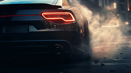 A close-up of a muscle car's rear showcasing a powerful tire burnout, with smoke enveloping the car's iconic taillights on a gritty street.
 - obrazy, fototapety, plakaty