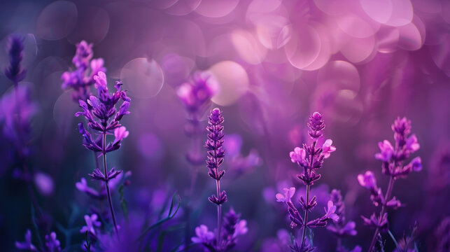 A field of purple flowers with a blurry background