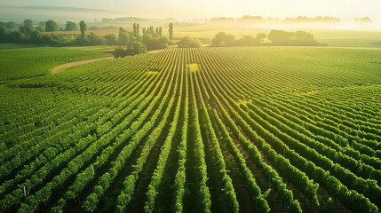 A large field of green vines with a bright sun shining on them - obrazy, fototapety, plakaty