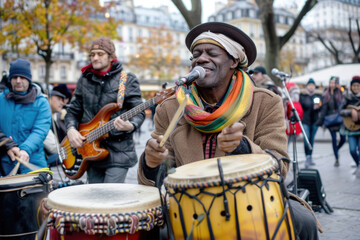 Fototapeta na wymiar Musicians and dancers performing on the streets of Paris