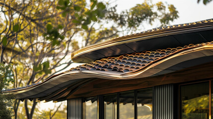 A closeup of a unique roofing design showcases a fusion of corrugated metal and terracotta tiles creating an unconventional yet visually intriguing look.