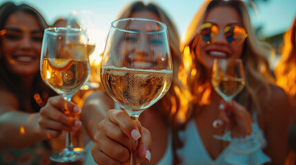 Three women are holding up wine glasses and smiling - obrazy, fototapety, plakaty