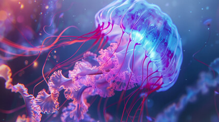 A delicate and intricate painting of a glowing jellyfish with vibrant blues and purples emanating from its tentacles. The ethereal glow of the jellyfish catches your eye and
