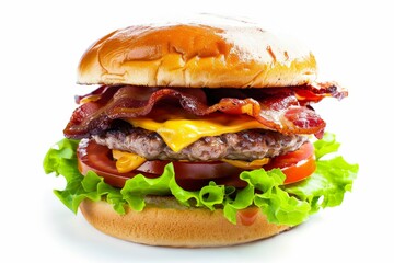 A studio shot of a delicious bacon cheeseburger on a white background