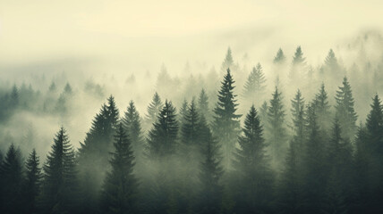 Coniferous trees in the fog in the highlands view