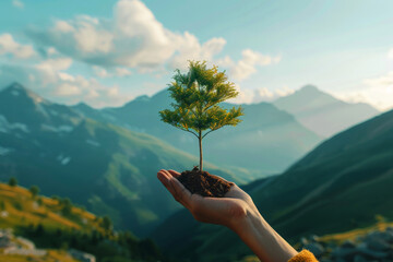 Close up hands holding a tree for planting, Environmental technology concept. Generative Ai - obrazy, fototapety, plakaty