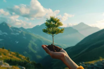 Fotobehang Close up hands holding a tree for planting, Environmental technology concept. Generative Ai © Phichitpon