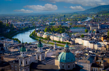 The historic city of Salzburg with Salzach river in beautiful  spring season at Salzburger Land, Austria
