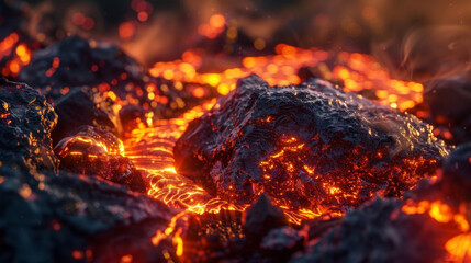 A closeup of hot rocks and molten lava representing the intense heat source that geothermal energy is derived from deep within the earth.