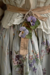 A small bouquet of violets pinned to a girl's skirt, evoking French nostalgia