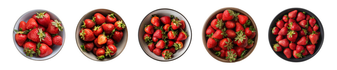 Collection of fresh strawberries in a bowl isolated on a transparent background, top view, PNG