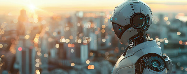 Robot sleek metallic body face with blurry background of city. - obrazy, fototapety, plakaty