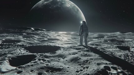 A lone astronaut stands on the lunar surface amidst craters.