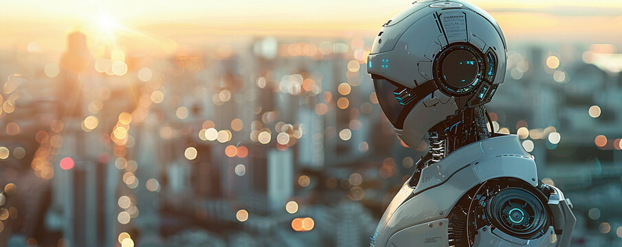 Robot sleek metallic body face with blurry background of city.
