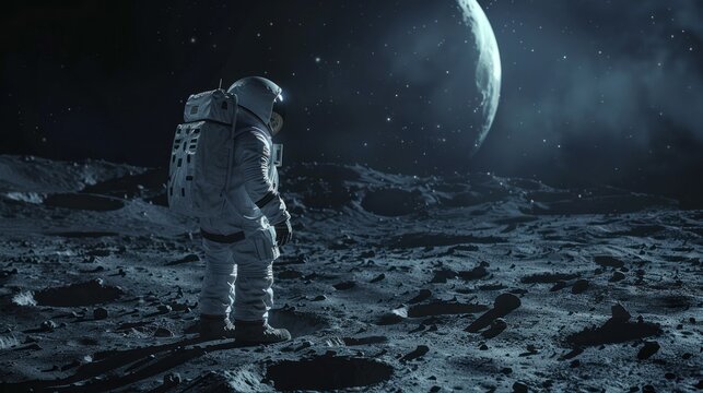 A lone astronaut stands on the lunar surface amidst craters.
