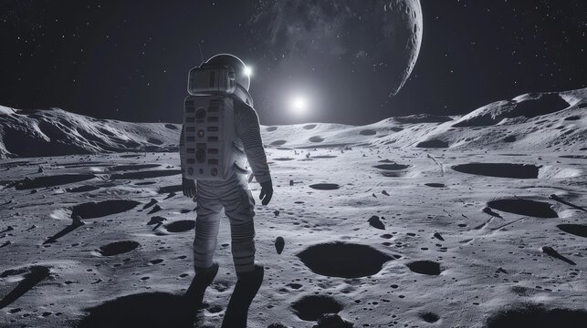 A lone astronaut stands on the lunar surface amidst craters.