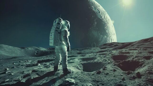 A lone astronaut stands on the lunar surface amidst craters.