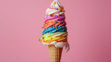 Foto op Canvas An ice cream cone overflowing with a rainbow of flavors and topped with sprinkles © Sattawat