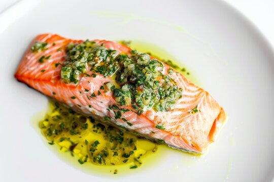 A delicious poached salmon fillet with green sauce on a white background