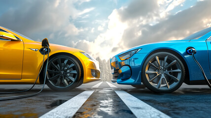 Two high-performance electric sports cars, one yellow and one blue, are plugged in and charging at a roadside station under a dramatic sky.
 - obrazy, fototapety, plakaty