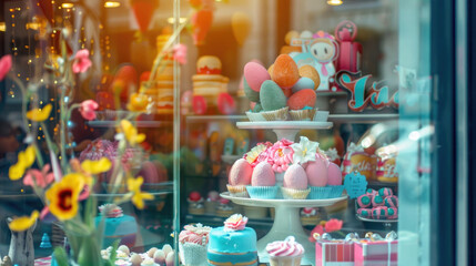 Obraz na płótnie Canvas A festive Easter-themed bakery storefront window display