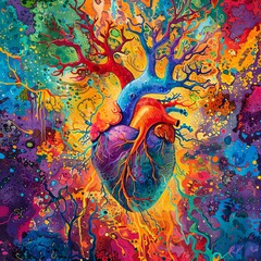 Bursting with color, this abstract painting vividly depicts the Tree of Life, its intertwining roots and branches symbolizing connectivity and growth