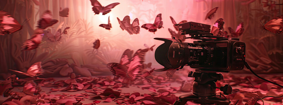 filming camera on top of a table enchanted with butterflies OF THE PREDOMINANT COLOR PINK